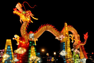 A dragon-shaped lantern is seen at a park in Baise, China during Lantern Festival.